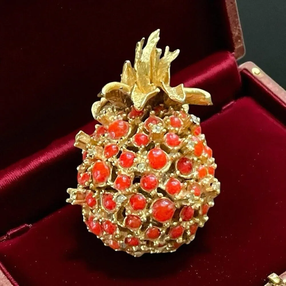 Vintage Alice Caviness Pineapple Brooch Gold Tone Faux Coral Rhinestone Pin